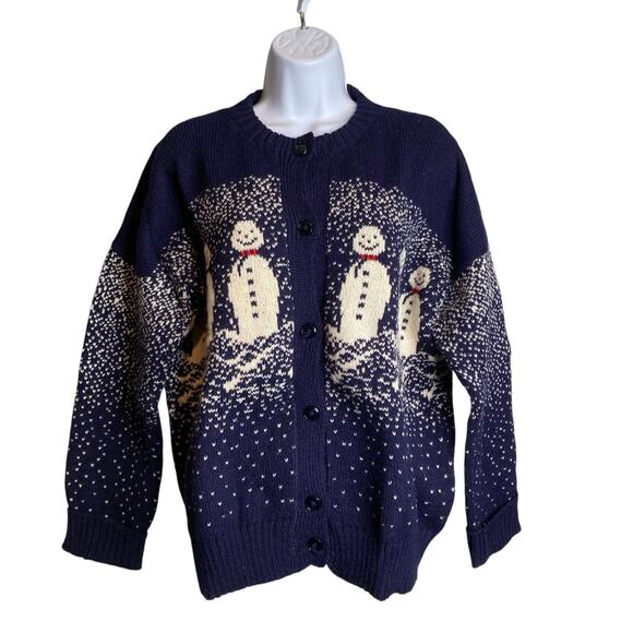 Vintage Jan Horrox Womens Blue Christmas Snowman Wool Button Up Cardigan Size 40 - Picture 1 of 11